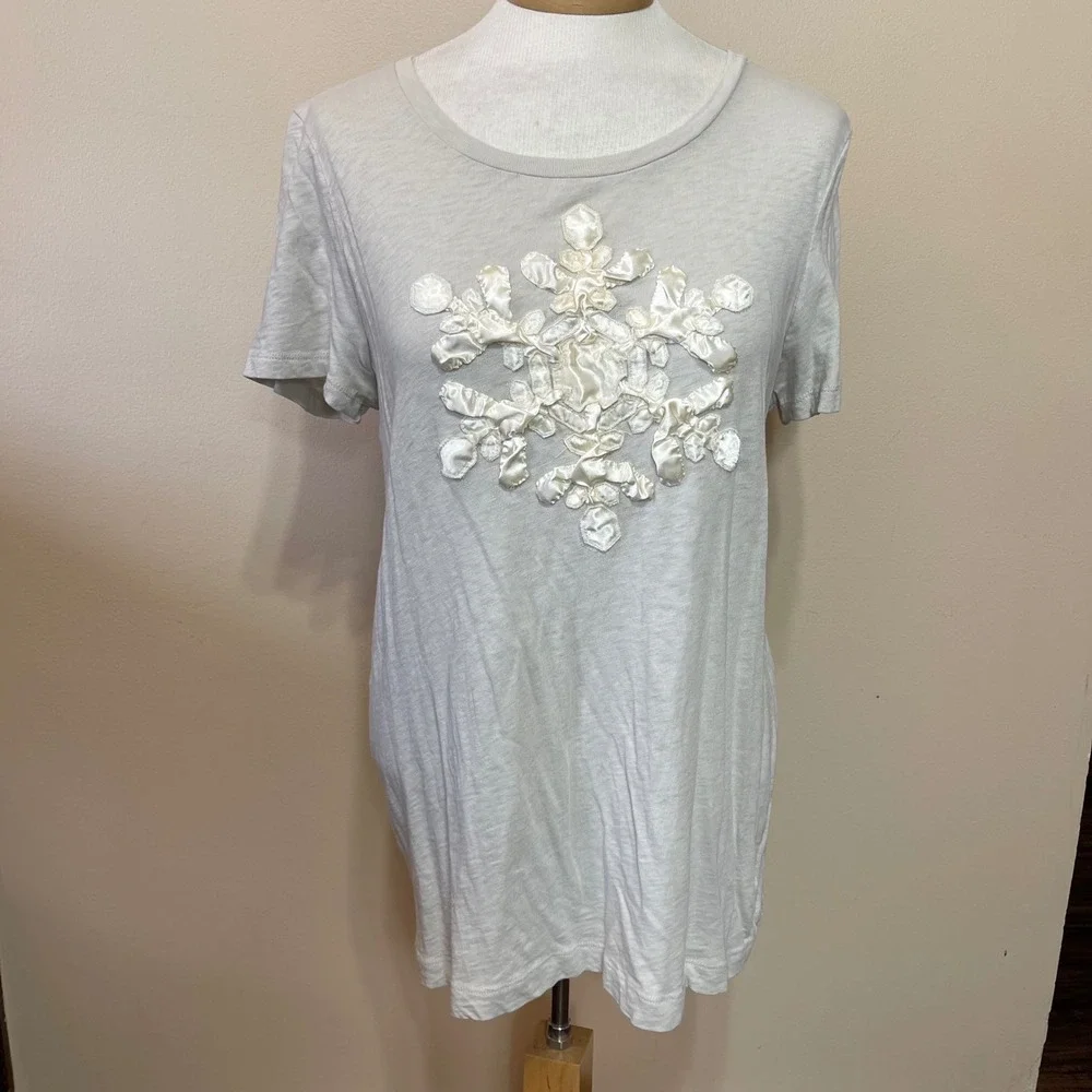 J.Crew Womens Snowflake‎ Satin Ribbon Applique Cotton T-Shirt Gray Medium